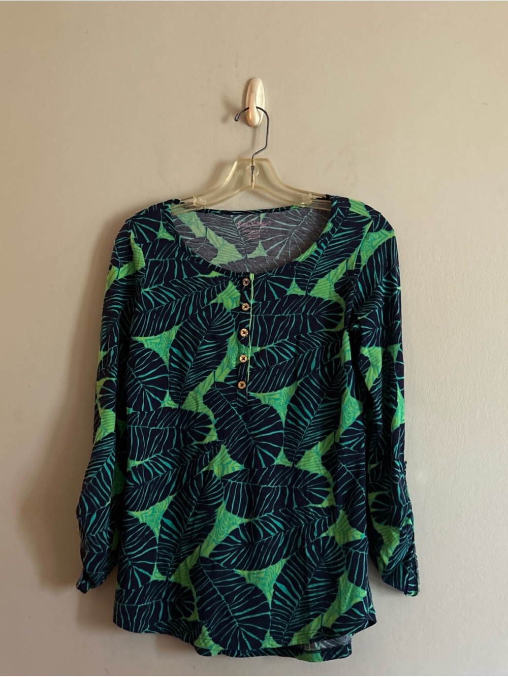 Lilly Pulitzer Navy and Bright Green Leaf Henley Top
